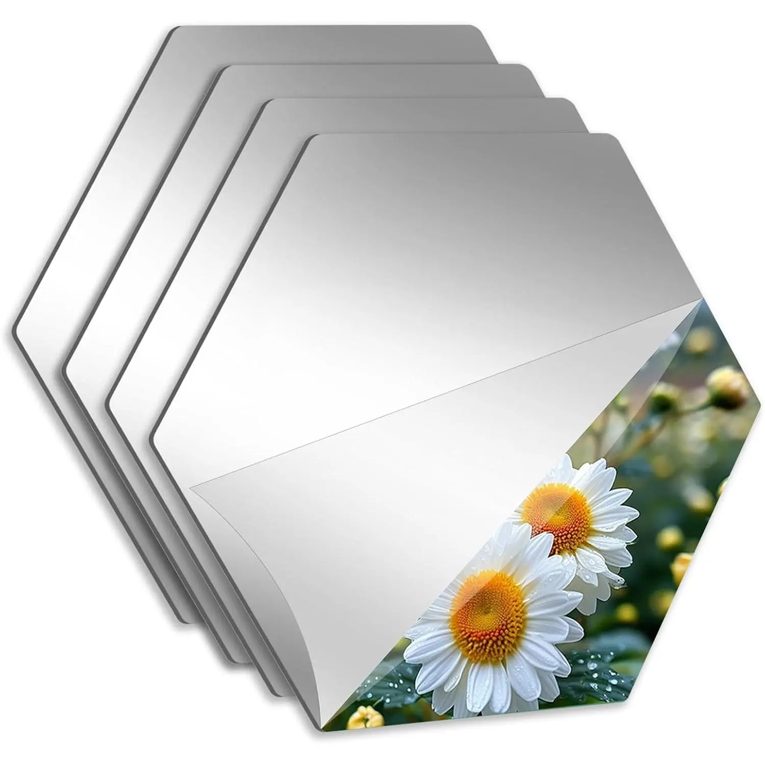 4 Pack  Mirror Stickers,  Hexagon Flexible Plastic Mirror Tiles for Wall, 2MM Thick Self Adhesive Frameless Stick  Espejos Wall Tile Sheets for Bedroom  Gym Door, 7.87" x 7.87"