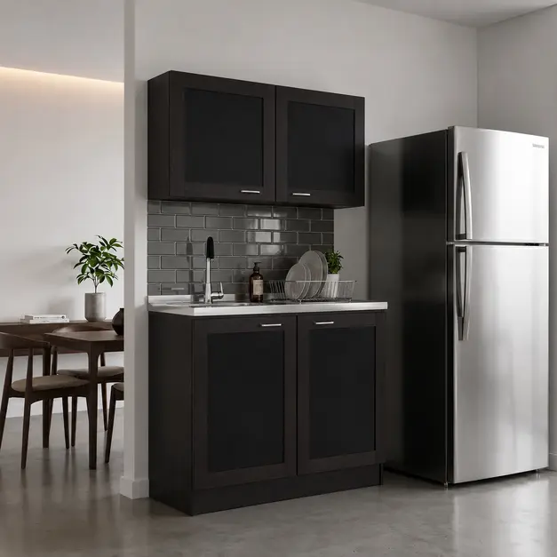 Nokaa Perseus Cabinet Set 2-Piece Kitchen Combo with Countertops, Black Particle Board Modern Storage, Upper and Lower Cabinets for Kitchen Organization, Multiple Options