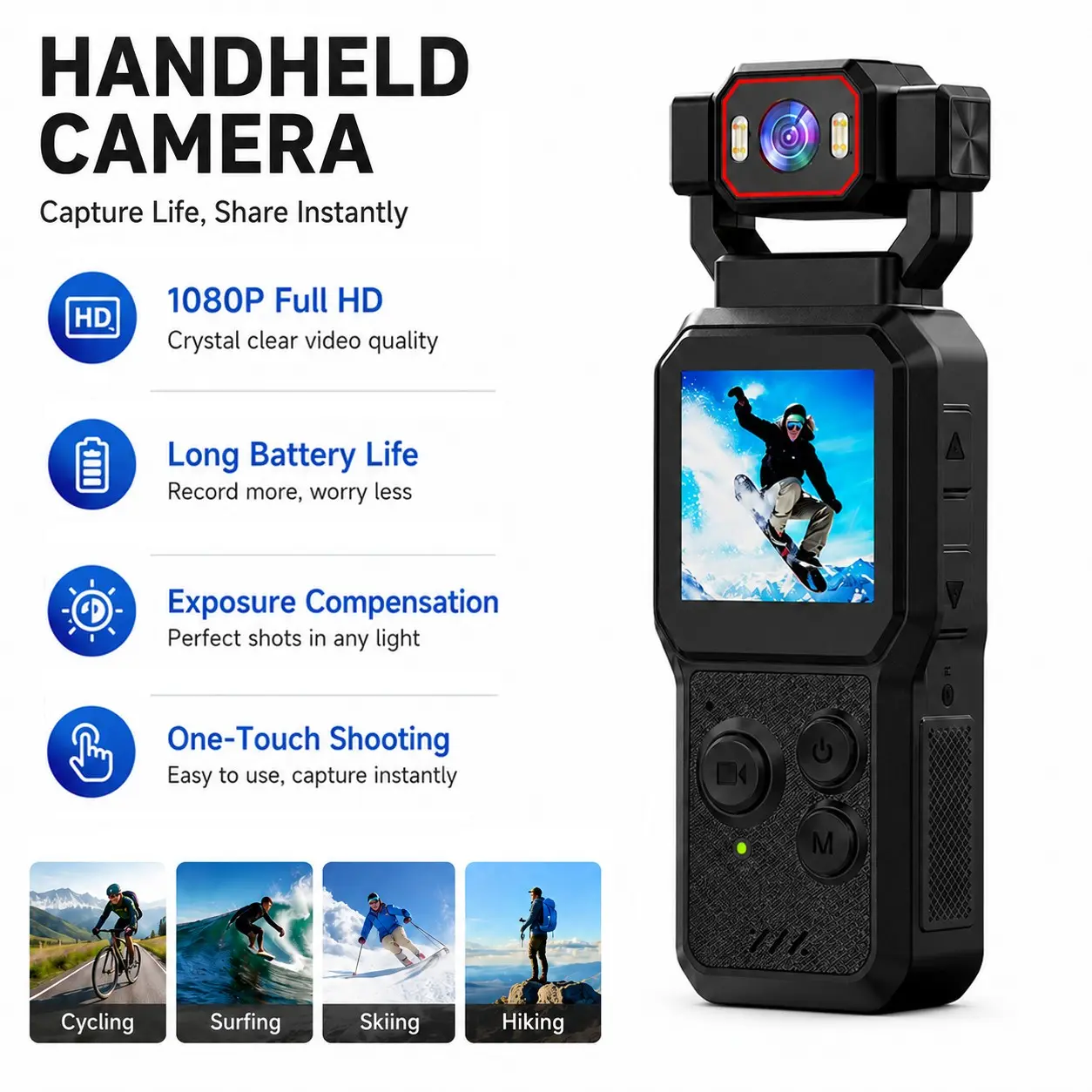 Pocket Vlogging Camera with 180° Rotating Lens, Portable Pov Camera, 4-5 Hour Battery, 32GB Micro SD, Ideal for Travel and Daily Use