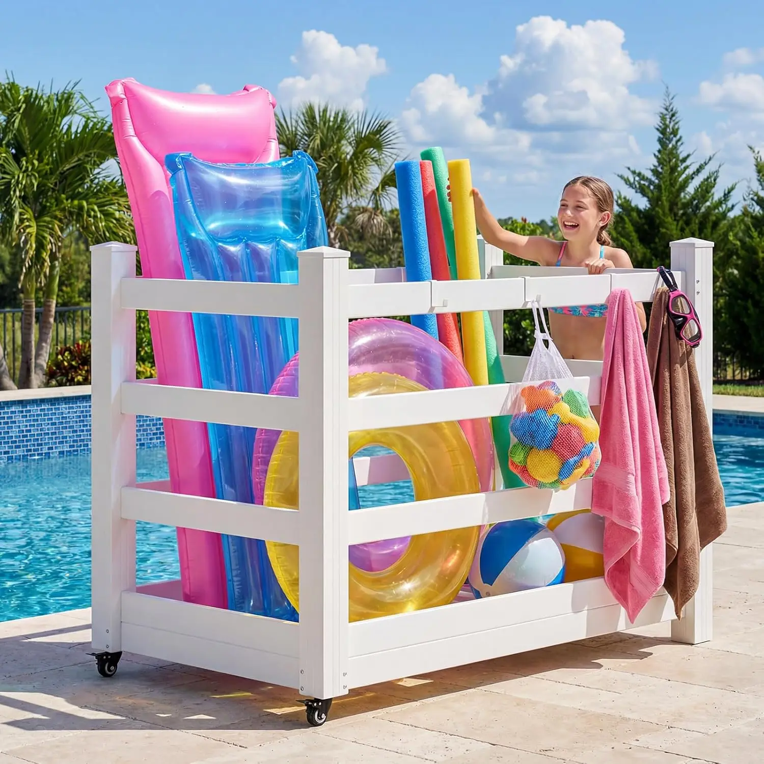 Pool Float Storage Organizer, 55" L x 34" W x 41" H Vinyl Rolling Pool Storage Bin Rack with Hooks for Poolside/Deck/Patio/Indoor, Heavy Duty Pool Noodles Holder for Floats, Toys, Towels