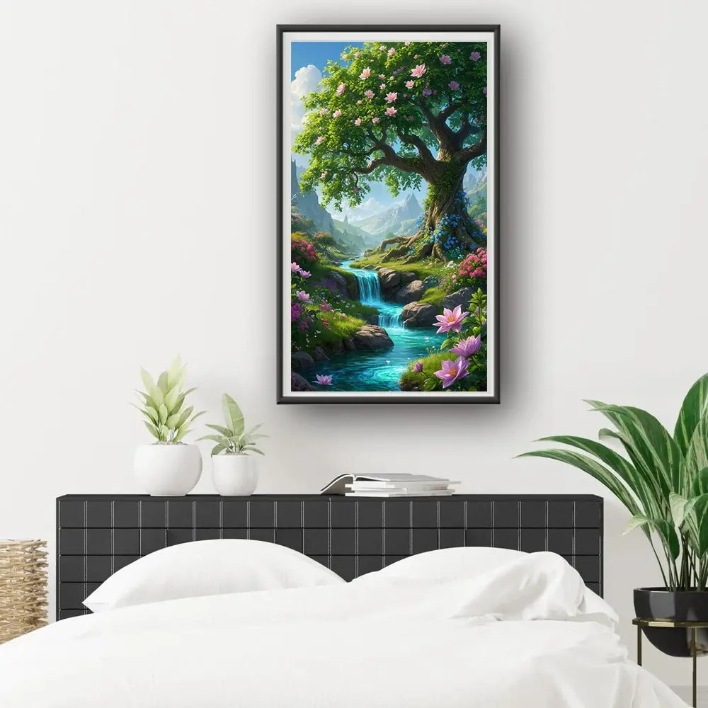 A 2D flat frameless handcrafted DIY diamond painting kit with natural scenery fresh healing style, ideal for home decoration and handcraft enthusiasts