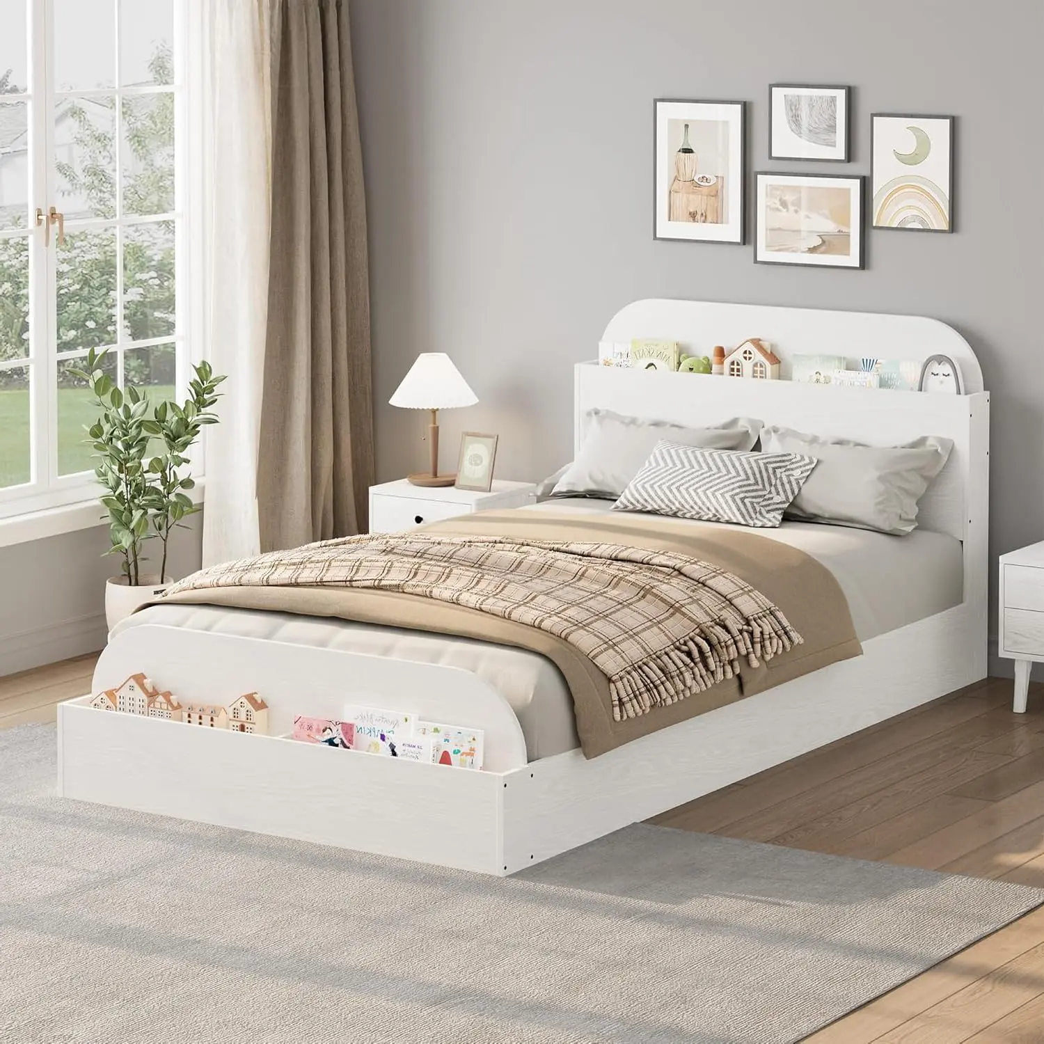 Twin Low-Profile Short Single Rectangular Framed Modern Wooden Bed Frame - Walnut/White Wood Grain, Sturdy Slats, Compartmental Storage Headboard, Raised Footboard, Space-Saving, Noise-Free, No Box Spring Needed, Easy Setup, Assembly Required