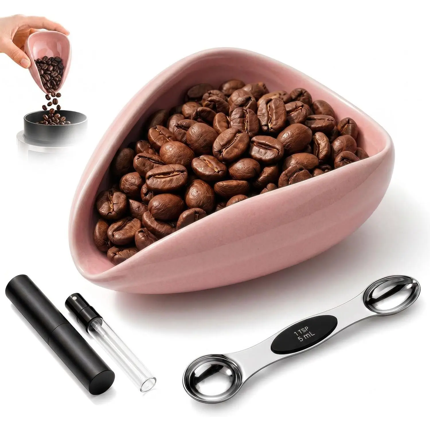 Coffee Bar Accessories Gift Set for Coffee Lovers, Includes Ceramic Coffee Bean Dosing Cup, 10ml/0.35oz Sprayer, 5ml/0.18oz Dual-Headed Coffee Spoon, Mini Holder for Tea Spoons & Stirrers