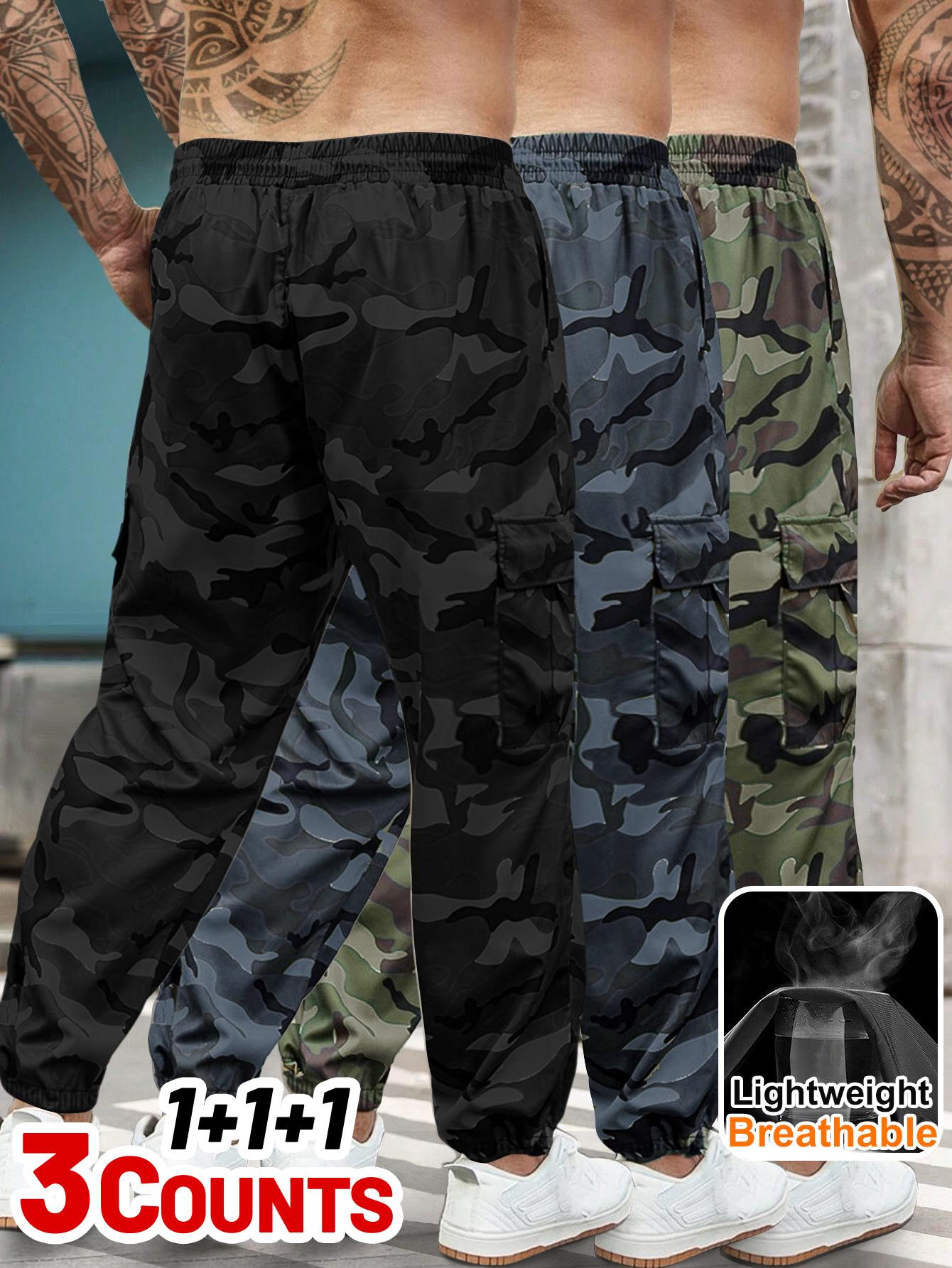 3 Pack Men's Camo Cargo Pants, Big & Tall Lightweight Breathable Multi-Pocket Joggers