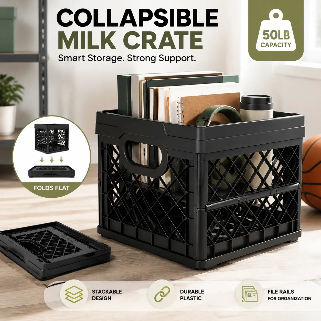 Collapsible Milk Crate 25L (6.6 Gal), 50 lb Capacity Heavy Duty Folding Crate – Stackable Storage Crates with File Rails, Plastic Collapsible Crates - Obsidian