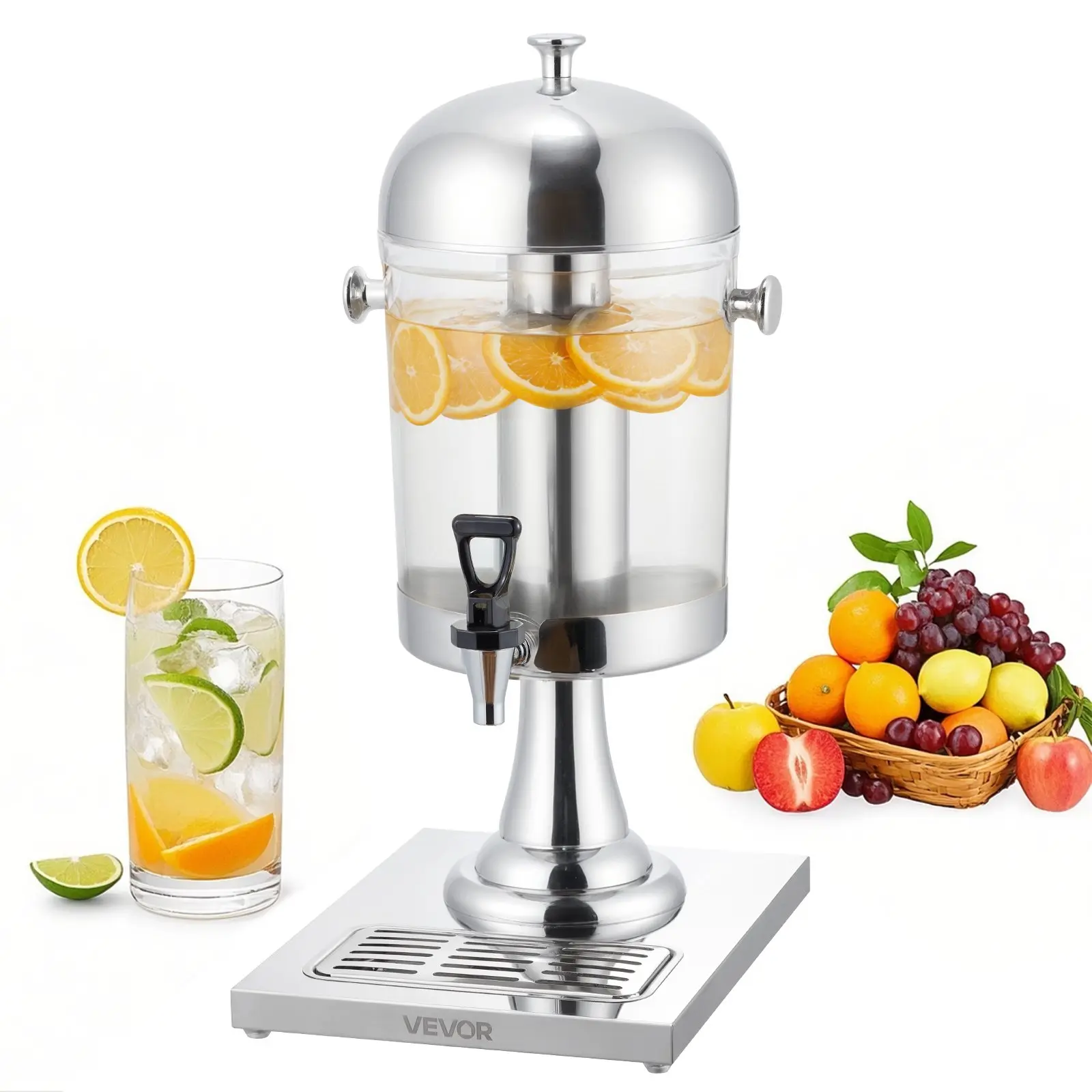 VEVOR Beverage Dispenser, 2.1 Gallon Drink Dispenser for Parties, Stainless Steel+ Plastic Juice Dispensers with Spigot Ice Chamber Tray, Iced Tea Lemonade Juice Dispensers, for Restaurants, Hotels
