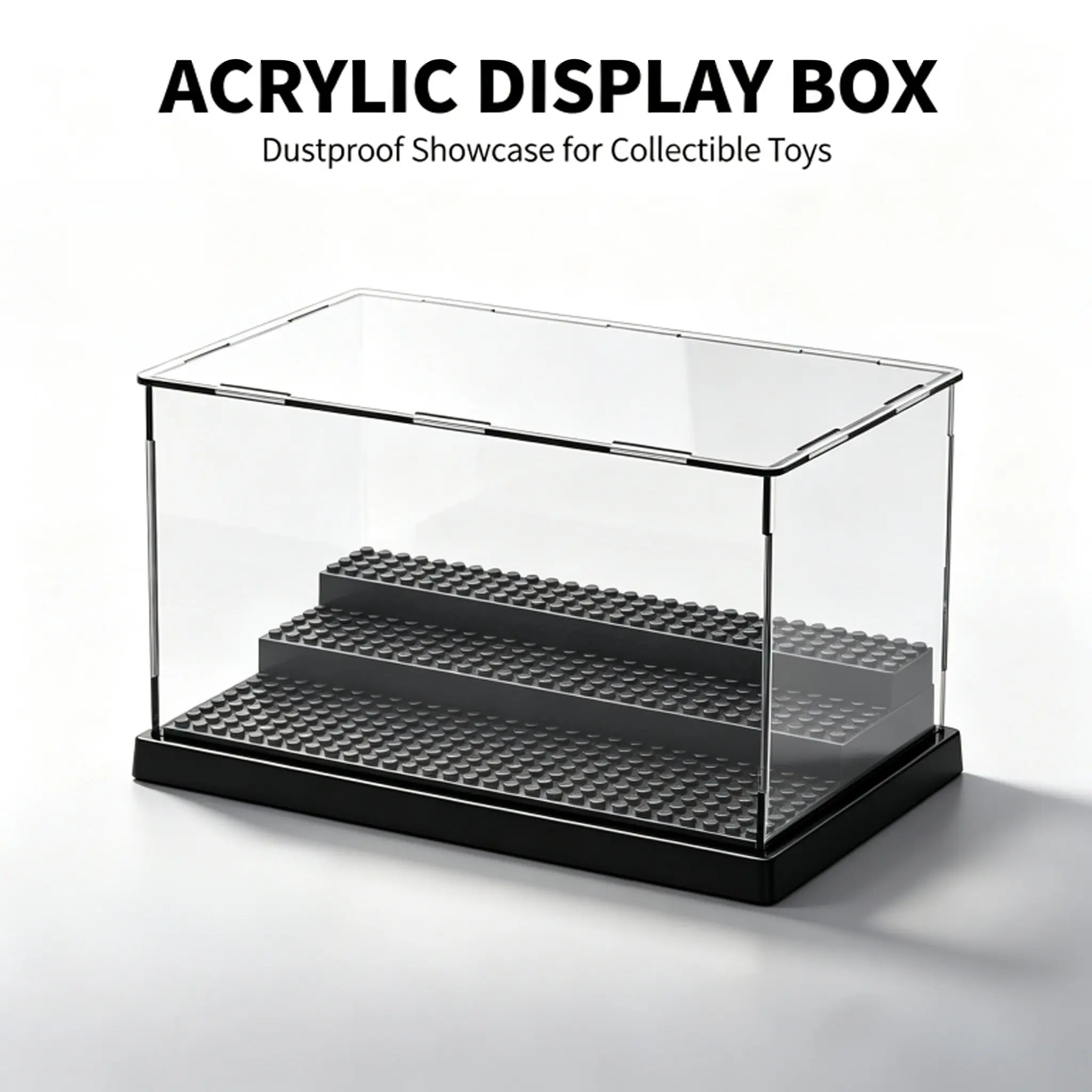 Black 3‑Tier Acrylic Minifigure Display Case, Dustproof Stackable Desktop Showcase, 3 Removable Studded Tiered Steps, Holds 35 Collectible Mini‑Figures, Gift for Hobby Collectors