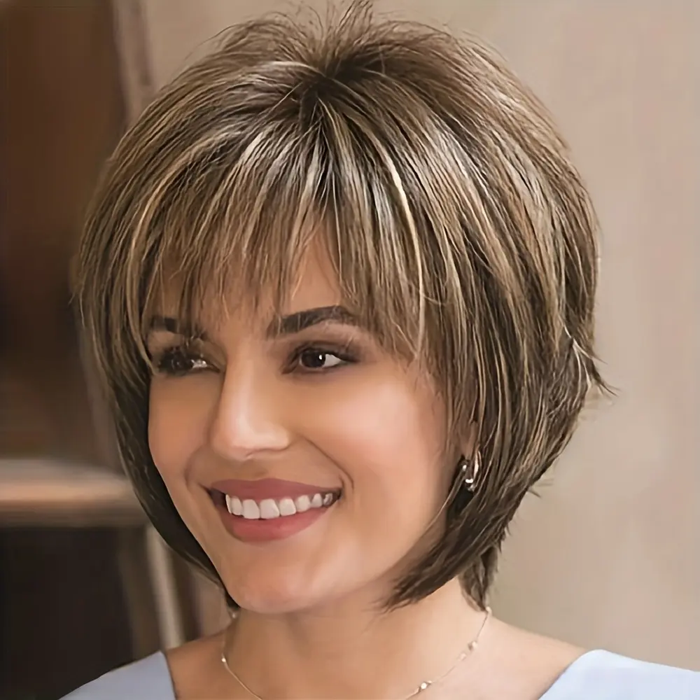 Brown with Highlights Pixie Cut Wigs for White Women with Bangs Short Straight Synthetic Wig