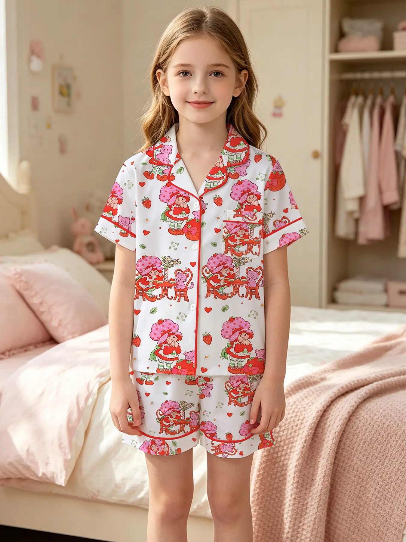 2-Piece Fruit Print Pajamas, Strawberry Cartoon Pattern, Soft Lapel Top, Elastic Waistband, casual home nightwear, Summer Sleepwear Set