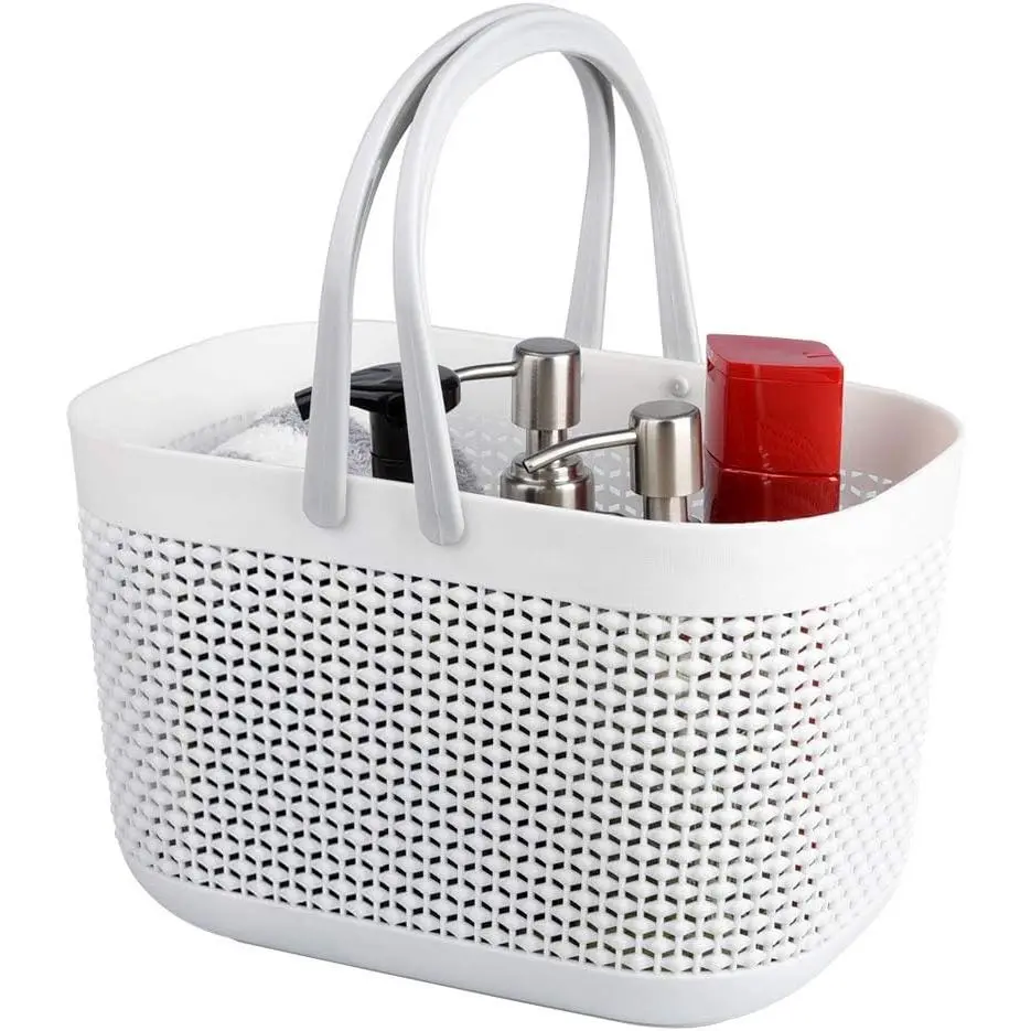 Plastic Portable Shower Caddy Basket, Storage Organizer with Handle, White | Bottom Drain Holes, Keep Dry, Sturdy and Durable, Easy to Carry for Bathroom, Kitchen, Dorm Room, RV, College