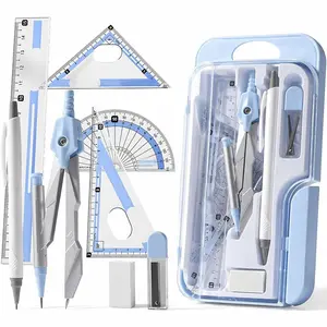 8 Pc Geometry Set with Storage Box - Metal Compass, Ruler and Protractor Kit with Pencil Eraser for Students