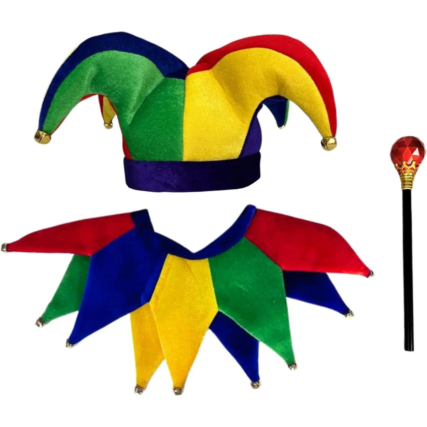 Adult 3-Piece Jester Costume Set, Durable Fabric Hat, Collar & 16in Wand - Easy Wear Novelty Outfit for Halloween & Themed Parties, Jester Hat, 16 Inches, Thematic Fun