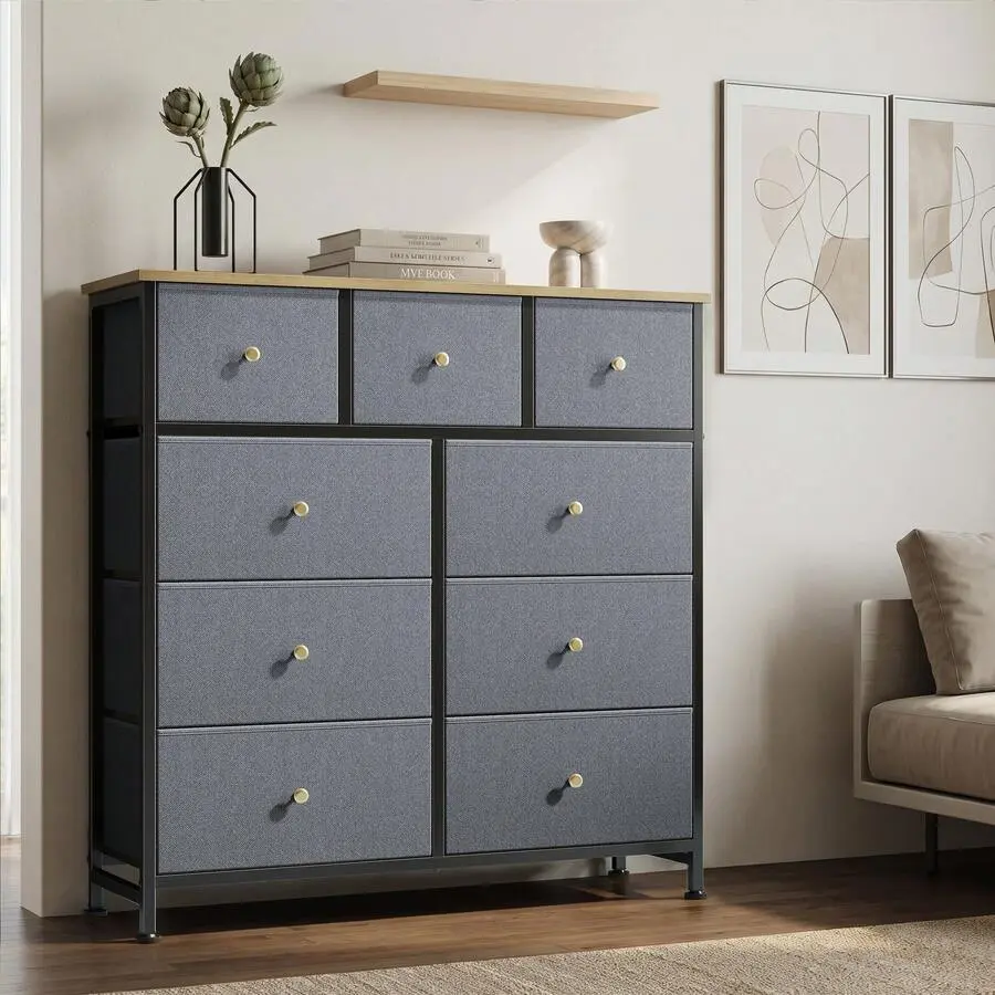 9 Drawer Dresser, Wide Chest Of Drawers Nightstand Storage Tower Storage Fabric Dresser With Wood Top For Living Room, Bedroom, Hallway,chabuildreark,farmhouse,coffee bar cabinet,lockable,,,unit,,jewelry,armoire,,,cabinets,bathroom,mirror,wooden,organizer