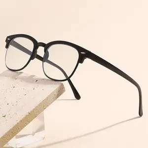 Unisex Vintage Browline Semi Rim Eyeglass Frames, Photochromic Anti Blue Light Clear Lens Optical Glasses Support Custom Myopia Lenses for Daily Office Casual Wear
