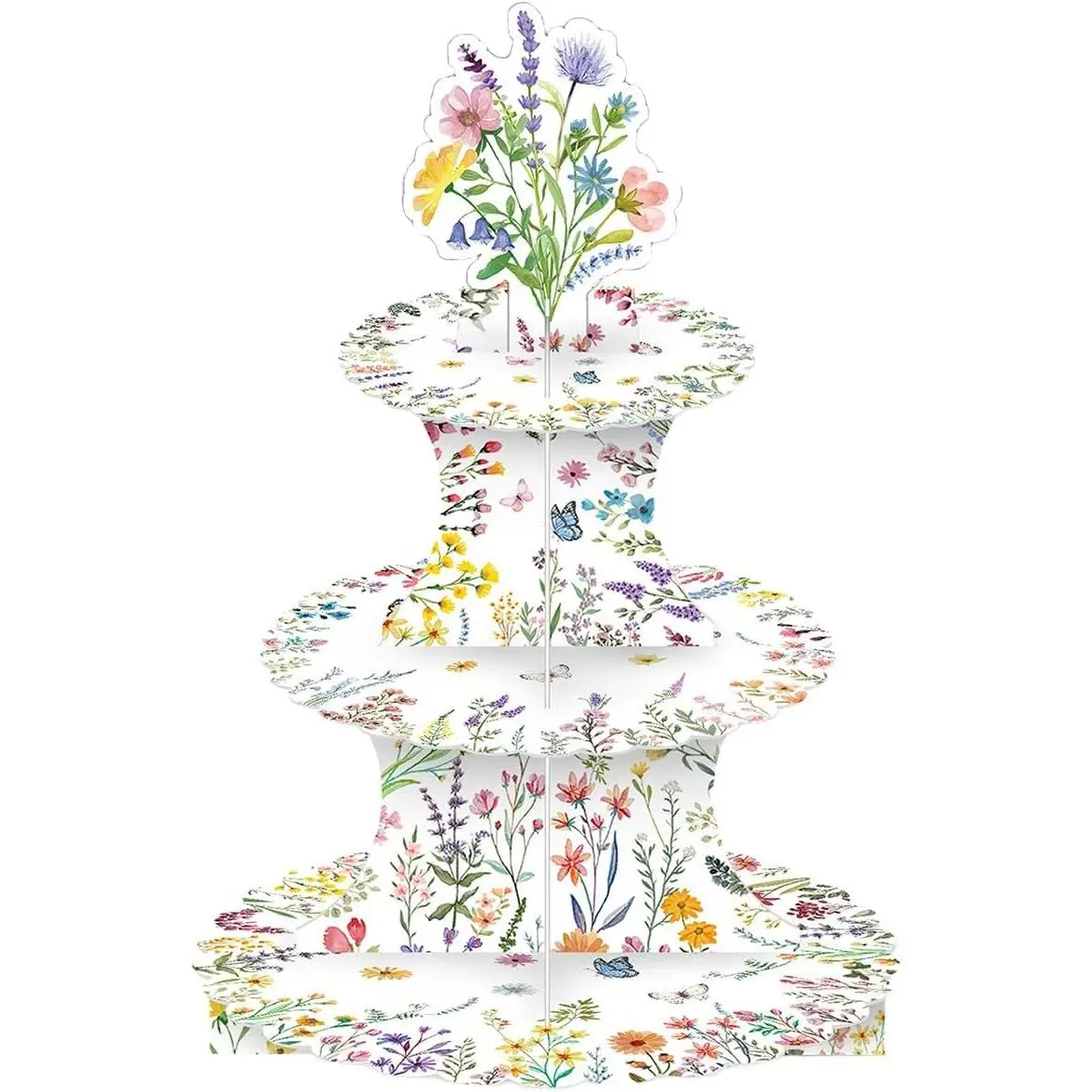 Wildflower Cupcake Stand 3 Tier Spring Wildflower Birthday Party Decorations for Picnic Wedding Birthday Tea Party Floral Themed Cake Stand, Butterflies, Lavender, Colorful