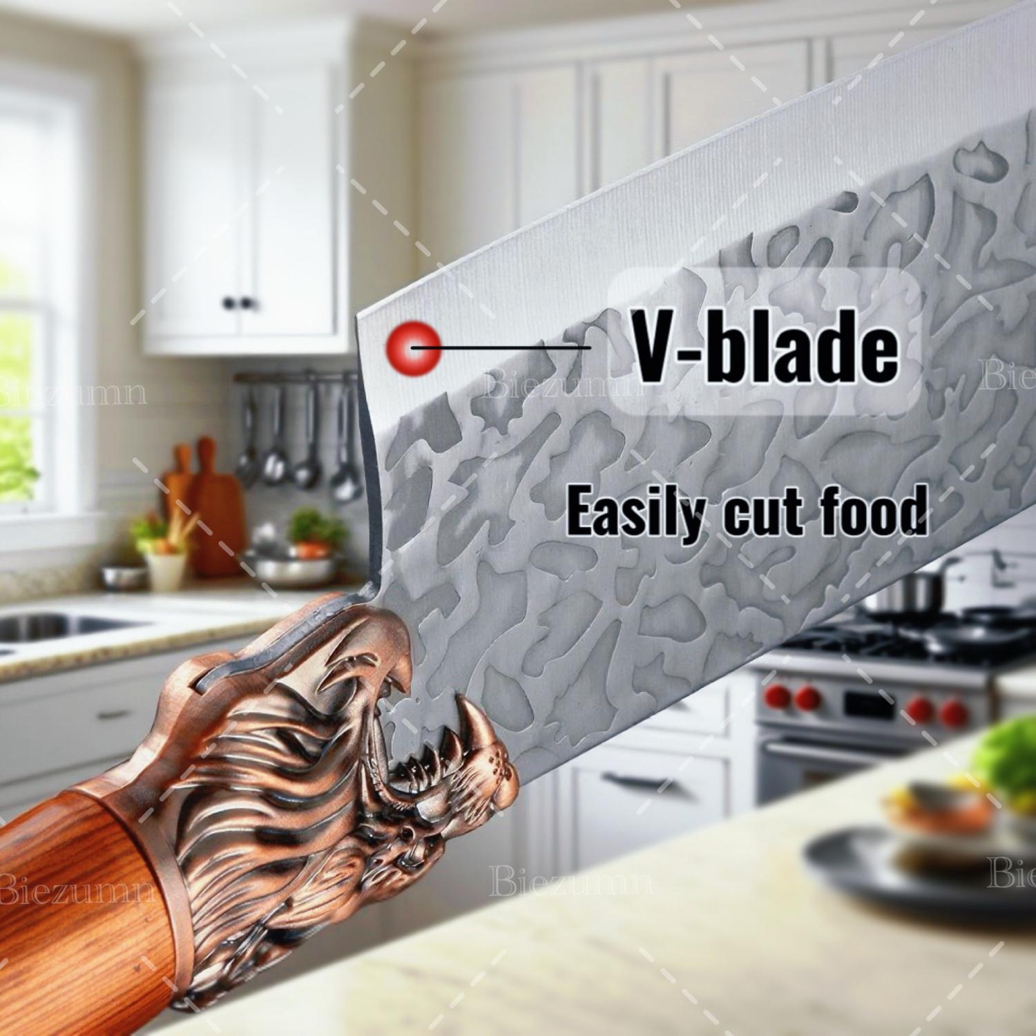 Professional Chef Knife Set - Handcrafted with Ergonomic Handle and Hammer-Finish Blade - Super Sharp Bone Cutting Knife, Butcher Knife, Fish Knife, Bread Knife, Hatchet, Kitchen Scissors - Perfect for Home Use, Mother's Gift Meat Dragon 7Pcs