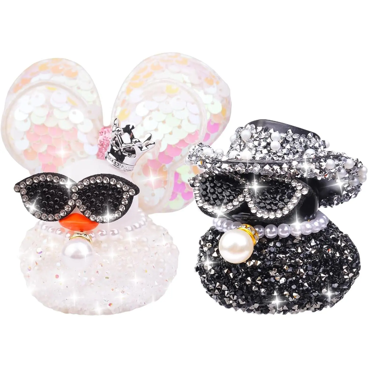 Rubber Duck  Ornaments, 2 count Shiny Rhinestones Ducks  Dashboard Decorations with Mini  Cowboy Hat Necklaces Sunglasses