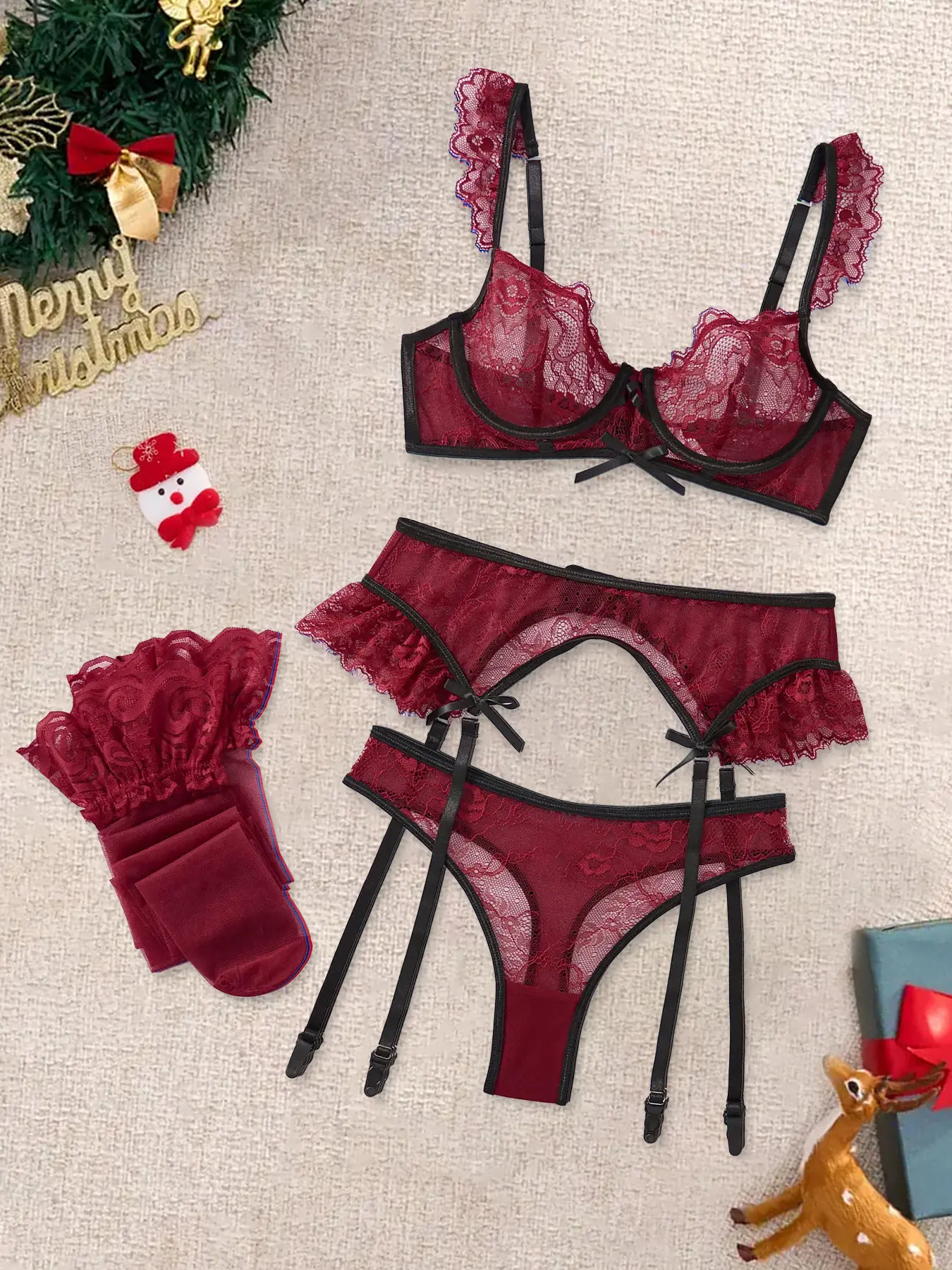 Christmas Five-Piece Set Lightweight Thin Sexy Fit Women's Lingerie, Adjustable Underwire Bra, Thigh Straps and Stockings, Romantic Midnight Lace Underwear, Colorblock Design, Thigh Highs Stockings, Lingerie Sets