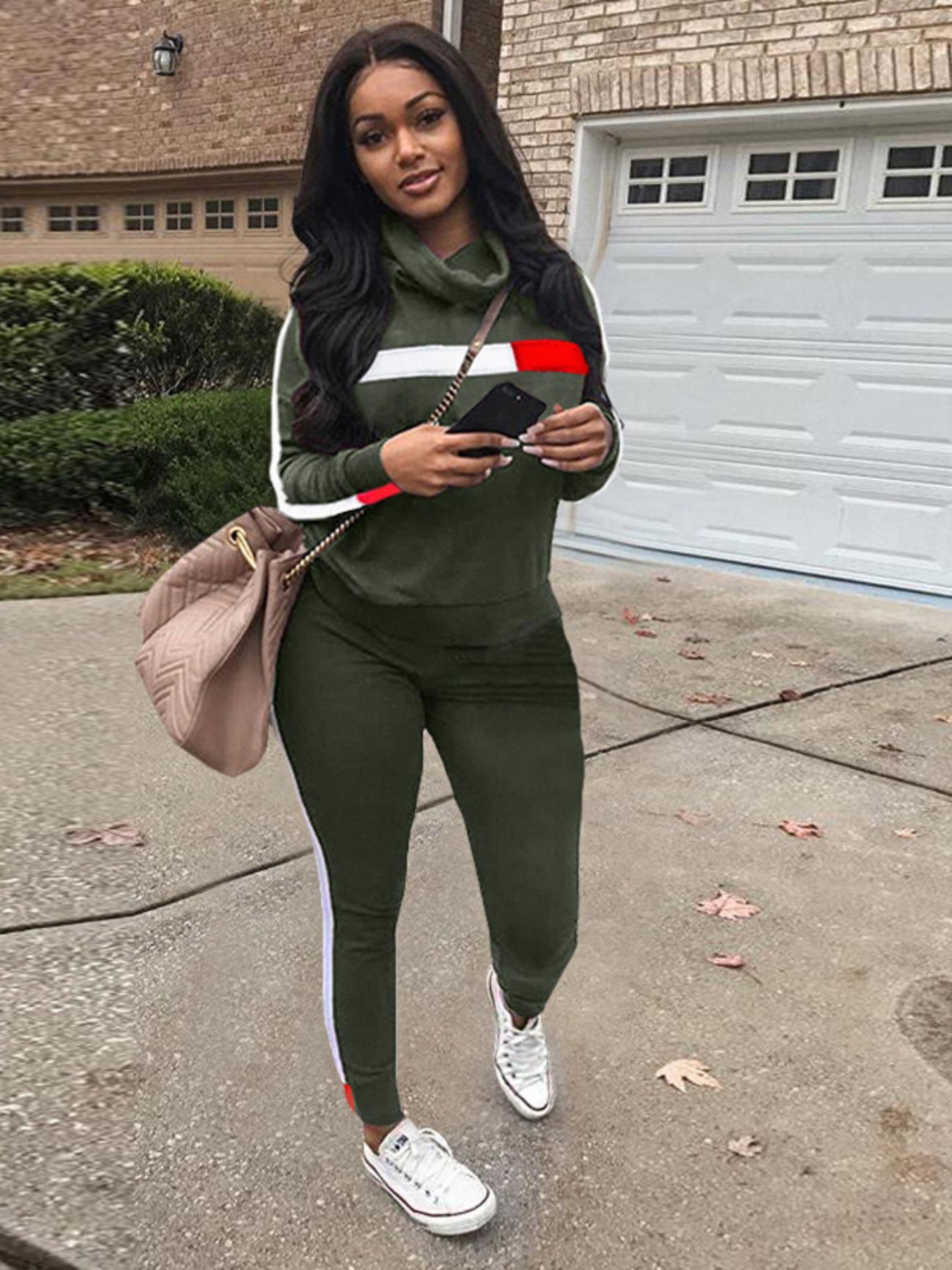 Women's Patchwork Sweatshirt & Pants Set, Casual Long Sleeve High Neck Pullover & Trousers, Women's Fall & Winter Clothes for Daily Wear, Womenswear