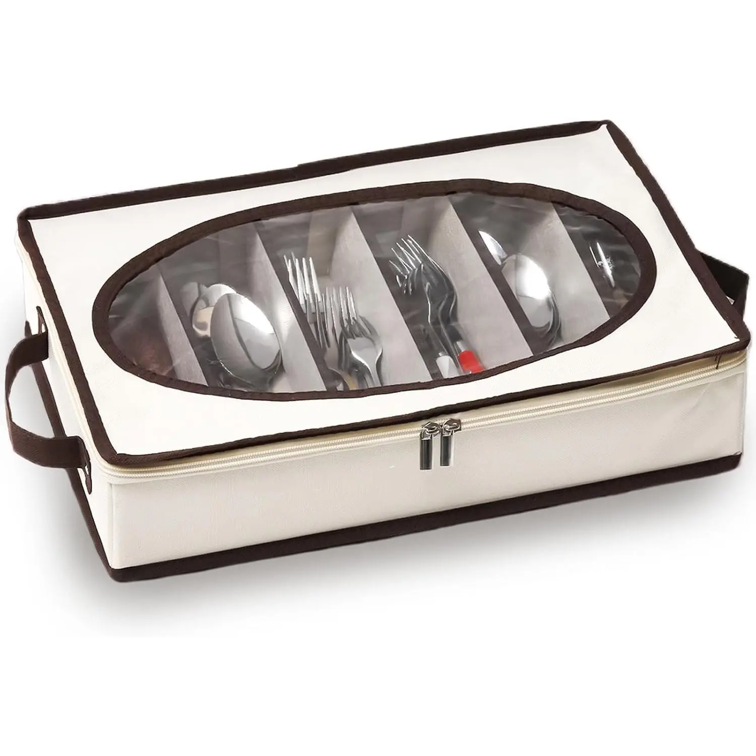 Silverware Organizer with Zipper Lid, 16.5"×10.6"×3.5" Flatware Storage Box with Adjustable Dividers and Handles, Portable Cutlery Holder Utensil Case for Spoon, Fork, , 6 Compartment