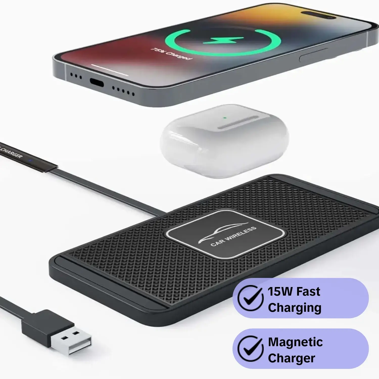 15w Car Wireless Charger Pad, Fast Charging Station, Super Fast Charging, Smart Charger, Electronic Smartphone Charger, Silicone Anti-Slip Mat, Magnetic Phone Charger, Compatible with iPhone & Samsung, Android, Xiaomi