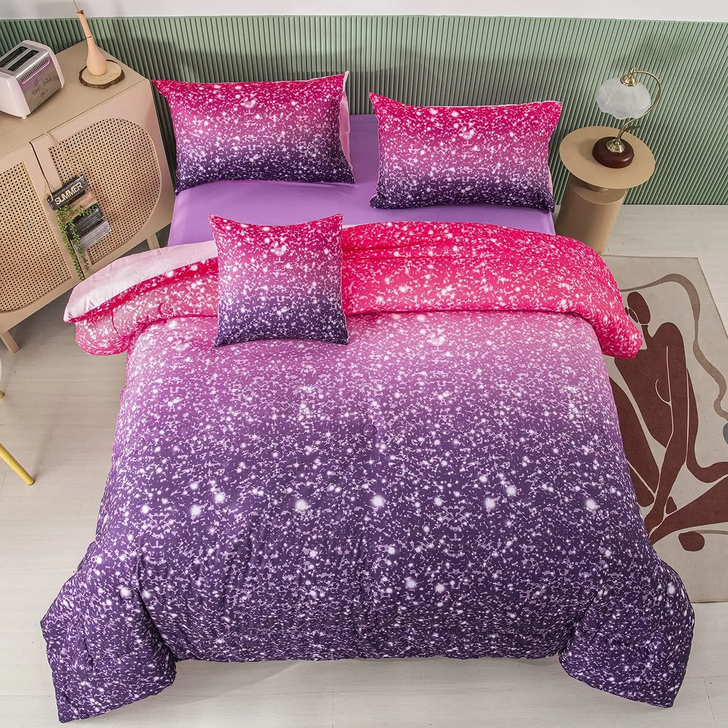 Purple Glitter Comforter Set Twin Size 6 Pieces Bed in A Bag for Teen Girls 3D Colorful Rainbow Bedding Comforter Sheet Set Ultra Soft Galaxy Quilted Duvet