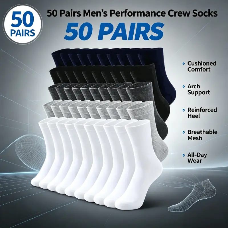 Men's Plain Performance Crew Socks (50-100 Pairs) - Menswear, All Seasons, Cushioned Comfort, Arch Support, Reinforced Heel, Breathable, Quick-Dry, Non-Slip Grip, Cold Wash Safe, Ideal for Work, Sports