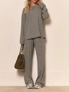 Women's 2 Piece Striped Set Henley Neck Long Sleeve Top & Wide Leg Pants Relaxed Fit Drop Shoulder Silhouette Trendy Loungewear Style Perfect for Daily Wear Cozy Outings