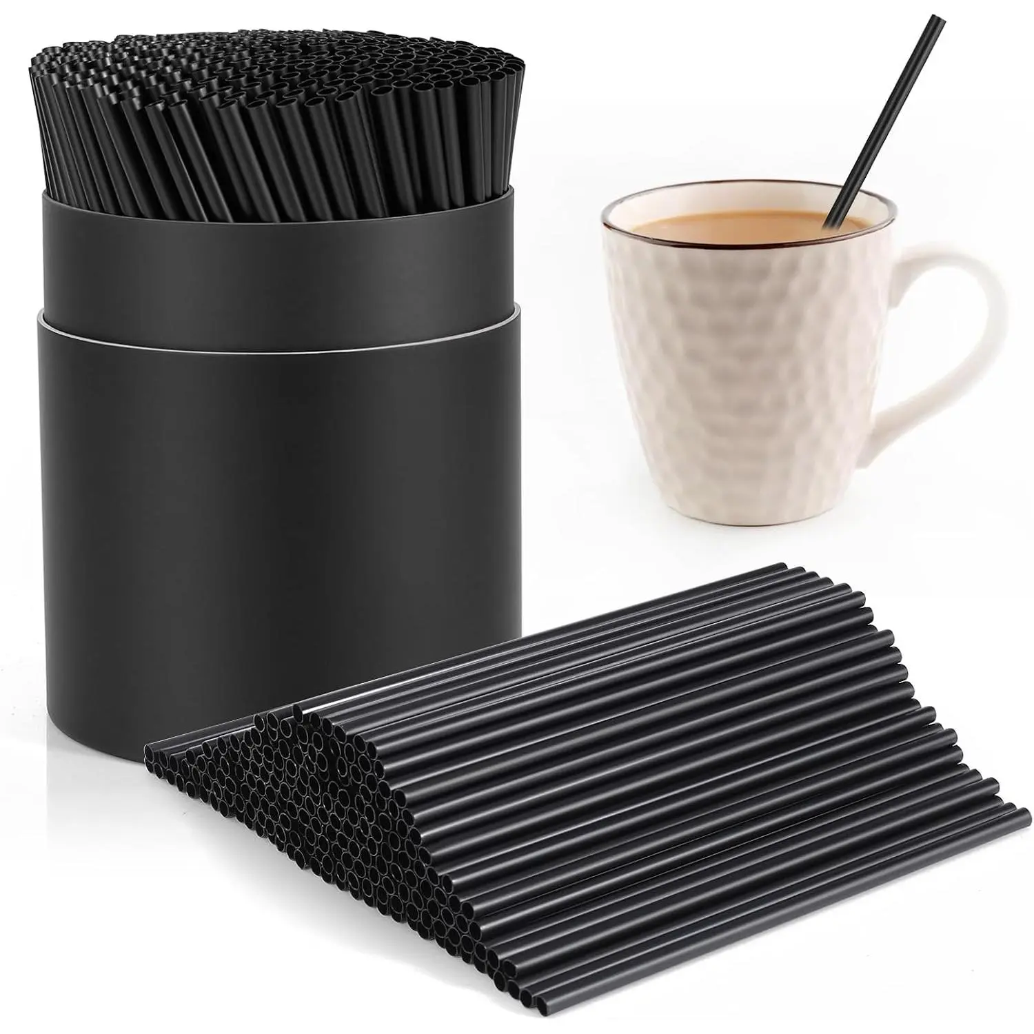 300 count Black Heavy Duty Coffee Stirrers  Straws and Holder Set,5" Long 0.16" Diameter Plastic Disposable Coffee Stir Sticks Bar  Straws Accessories Restaurant Kitchen Party Supplies