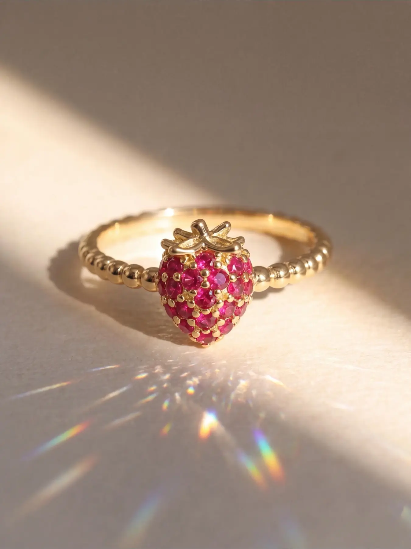 Strawberry Shape Pave Red Cubic Zirconia Beaded Band Ring, Copper Base With Full Pave Inlaid Vivid Red Cubic Zirconia For 3D Strawberry Motif, Mini Bead Stackable Ring, Gold Plated Cute Fruit Style Finger Jewelry For Women Daily Decor And Sweet Gift