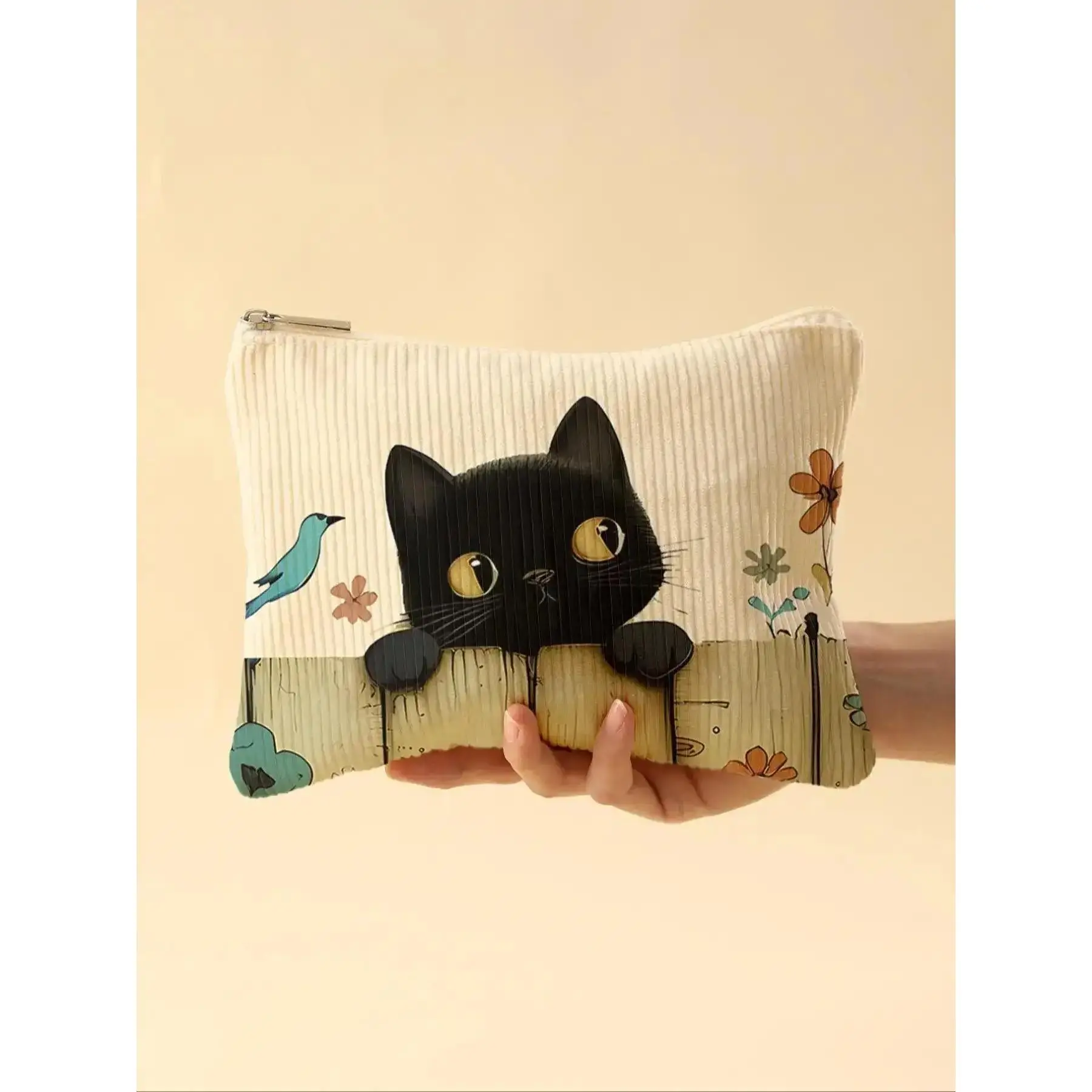 Cat Pattern Corduroy Makeup Bag, Lightweight Zipper Travel Makeup Pouch, Multifunctional Makeup Organizer for Toiletries and Accessories