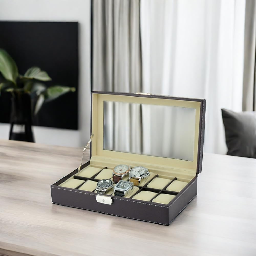 Chocolate Brown Leatherette Men's Watch Box Display Case Collection Jewelry Box Storage Glass Top Father's Day
