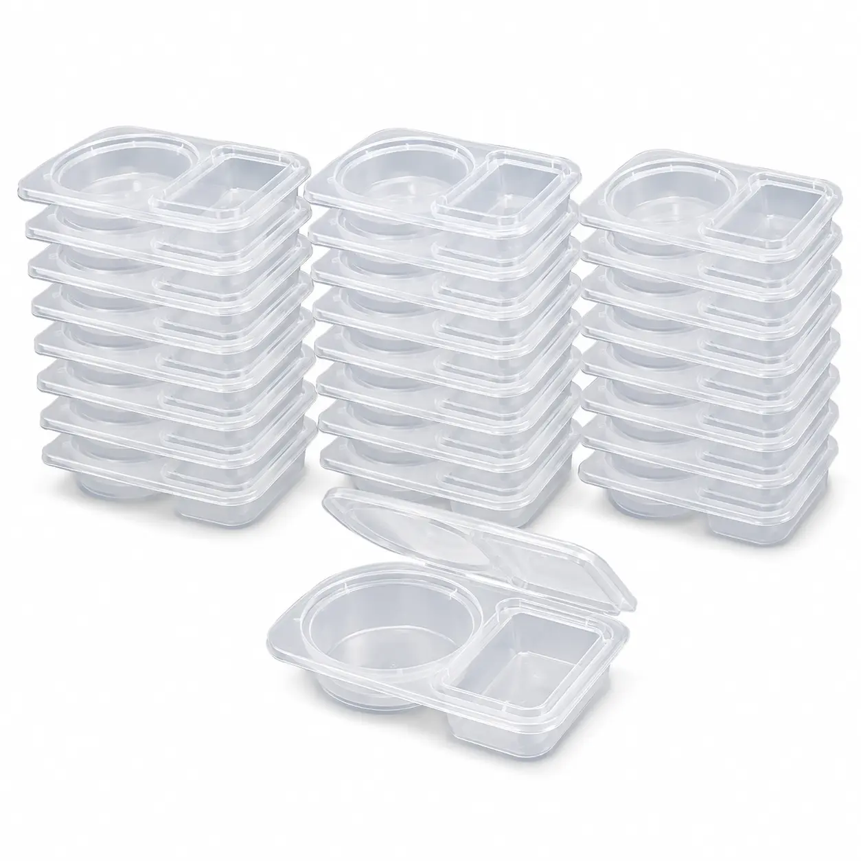 Transparent Disposable 2-Compartment Plastic Round Bowl with Hinged Lid, Separates Dipping Sauces for Picnic Lunch, Disposable Tableware for Home & Party Supplies, Grids