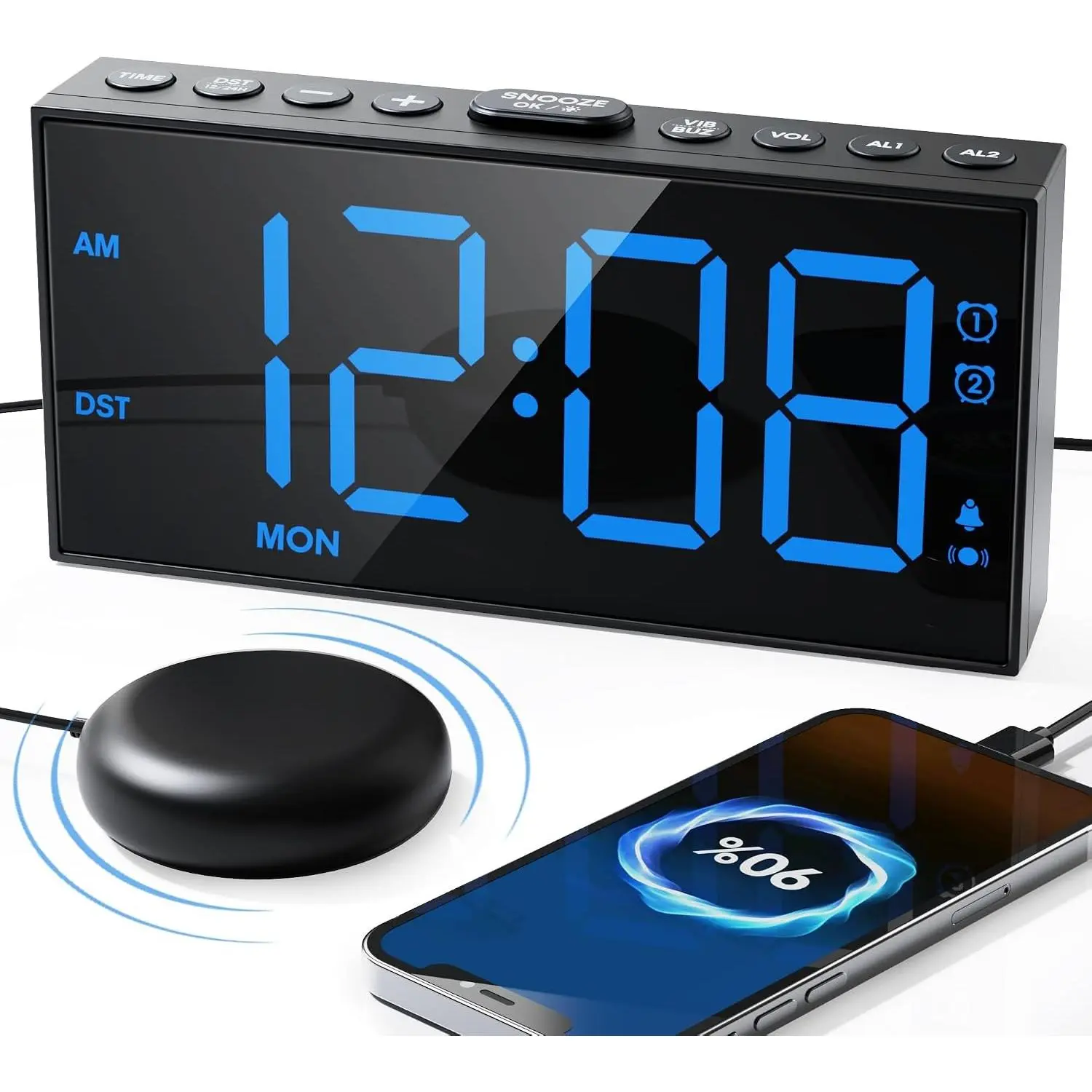 Vibrating Alarm Clock with Bed Shaker for Heavy Sleepers, Weekday/Weekend Mode, Dual Alarms, 3-Level Vibration, 7.5" Large Display, Snooze, USB Charging Port, 12/24H DST, for Teens & AdultsGift