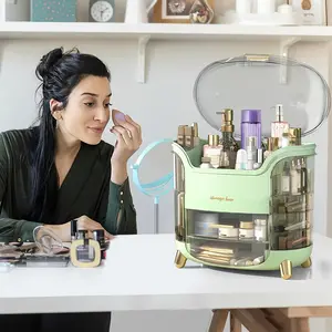 Multifunctional Dust-Proof Cosmetic Jewelry Organizer, Large Capacity Transparent Desk Storage Box, Space-Saving Home Office Dorm Helper