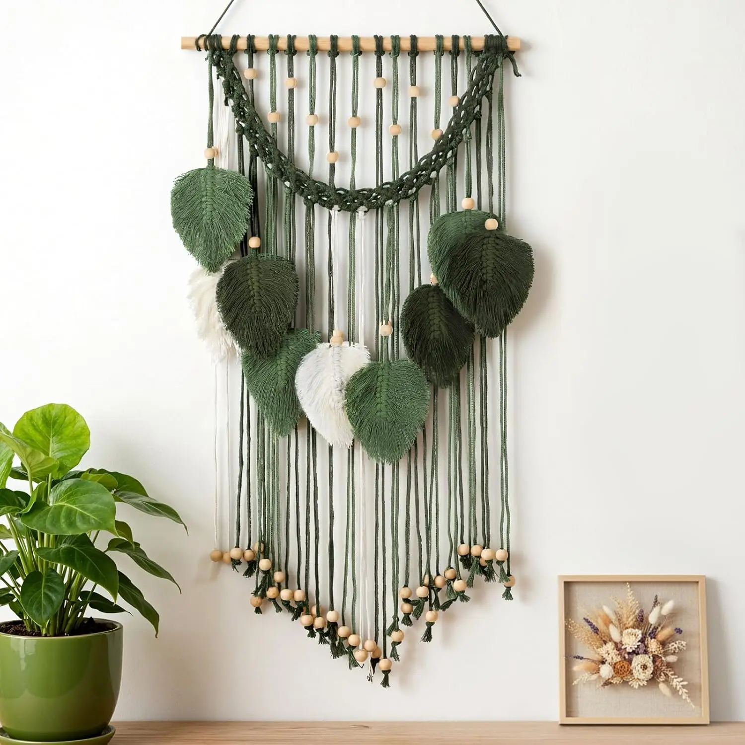 Green Macrame Wall Hanging, 15.7 x 29.9 Inch Boho Leaf Wall Decor Tapestry Sage Green Handmade Woven Leaves Feather Decorations for Bedroom, Living Room, Nursery, Apartment