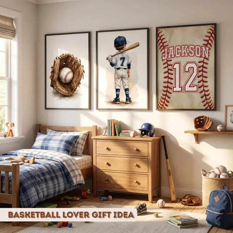 Baseball Wall Art Set of 3 • Boys Sports Room Decor • Custom Name & Number Posters • Baseball Nursery Prints