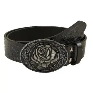 Southeast Asian Style Belt with 3D Rose Buckle & Tooled Plant Pattern Elastic Cincher Golden Design