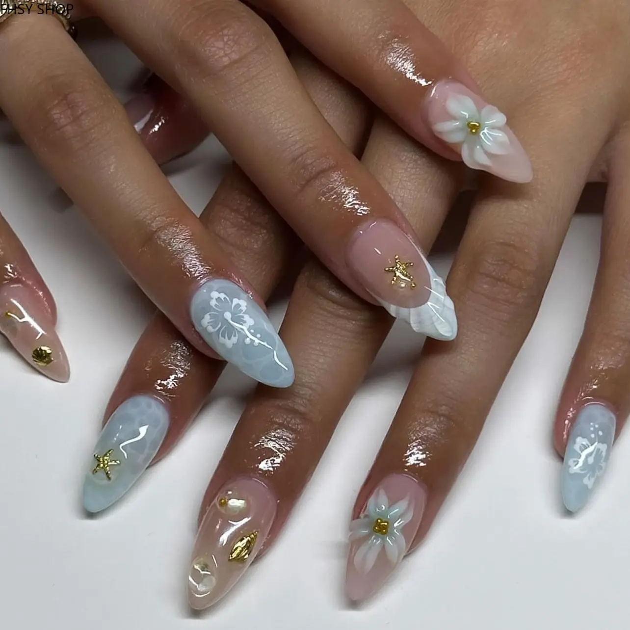 24Pcs Blue Beach Wave 3D Press-On Nails, Shell & Starfish Almond Fake Nails with Textured Ocean Ombre, Reusable Glossy Manicure for Women, Perfect Summer Vacation Nail Art for Beach, Pool & Daily Style
