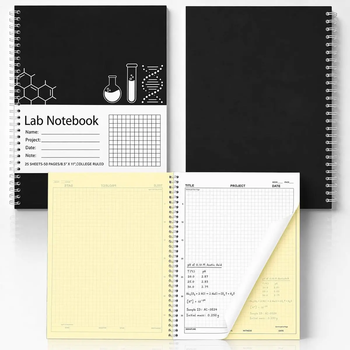 2 Pack Carbon Copy Lab Notebooks with Acrylic Shield, Chemistry Icons, Full Page Grid Paper Sheets for Students