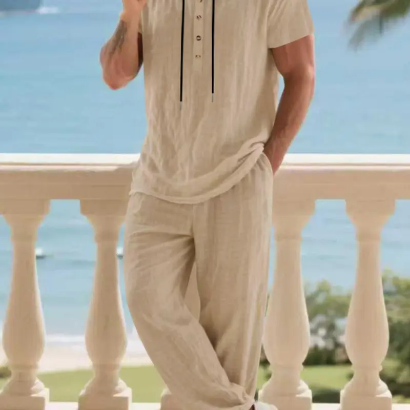 Men's Casual Linen Hoodie Set, Fall Fashion Tropical Loose Fit Short Sleeve Henley Shirt & Long Trouser Pants, European Style Comfortable Casual Lounge Set