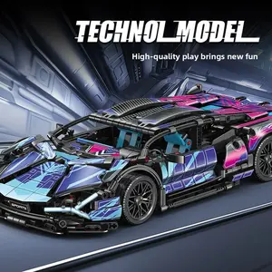 Cyberpunk Graffiti Supercar Mechanical Building Blocks, Blue Gradient Body, High Precision, Adult Challenge, Gift for Car Enthusiasts