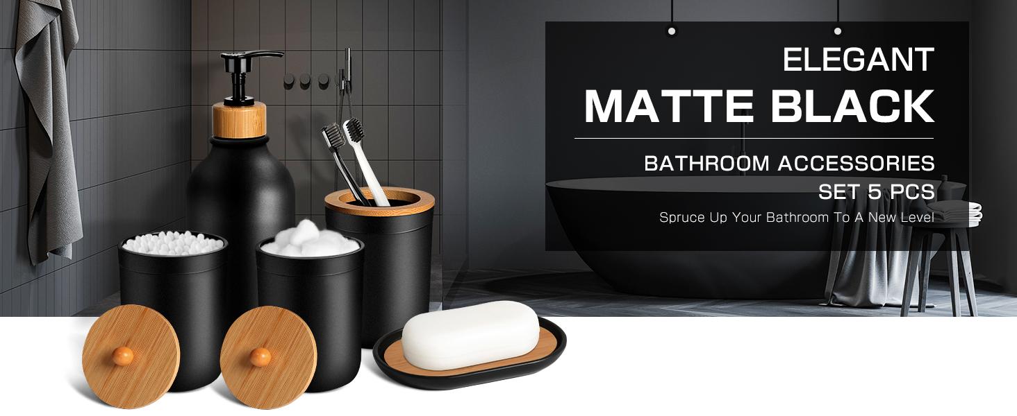 ZY Black Bathroom Accessories Set 5 Pcs, Matte Black Bathroom Accessories, Plastic Soap Dispenser and Toothbrush Holder Set, Soap Dish, Cotton Swab Jar, Black Bathroom Set, Boho Bathroom Decor Glass Hand Farmhouse Beige