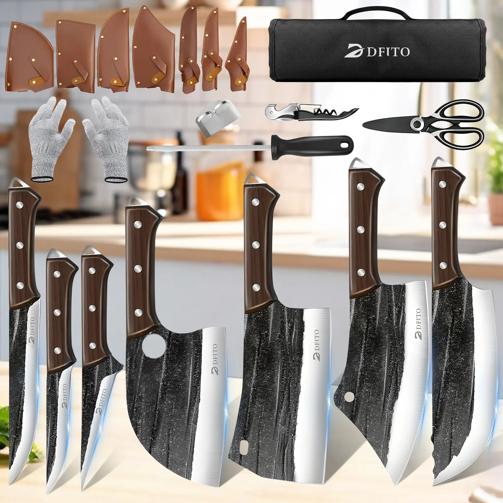 14-in-1 Butcher Knife Set with Roll Bag, Professional Hand Forged Chef Knife Set, Meat Cleaver, Bone Chopping & Fillet Knives for BBQ, Camping & Home