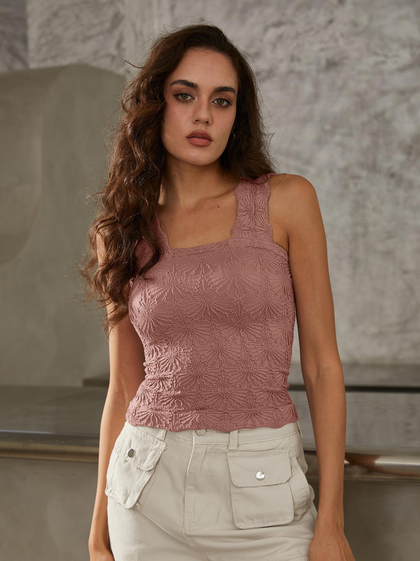 Women's Floral Embossed Sports Tank Top, Casual Solid Textured Sleeveless Sports Top for Yoga Gym Workout, Ladies Sportswear for All Seasons, Yoga Gym Activewear, Yoga Workout Vest