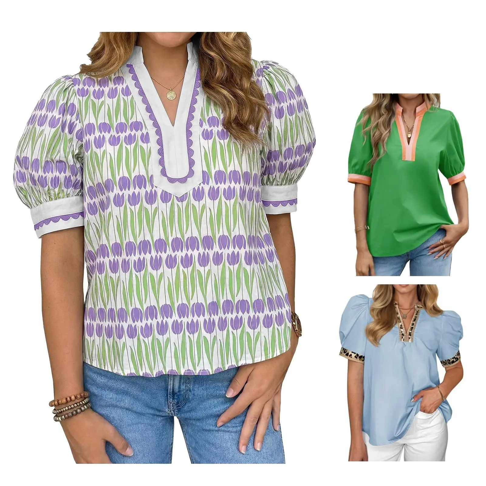 TANKANEO Women's Chic V-Neck Puff Sleeve Polyester Blouse, Summer Dressy Casual Loose Fit with Floral or Leopard Prints, Shortsleeve