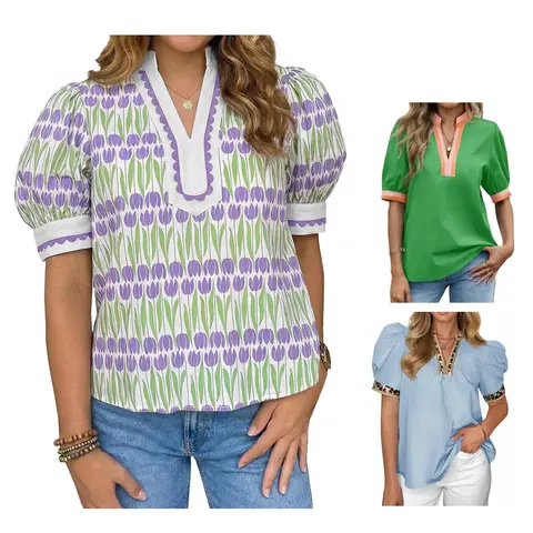 TANKANEO Women's Retro Bohemian V-Neck Puff Sleeve Polyester Blouse - Loose Fit Boho Casual Going Out Top with Floral or Leopard Prints for Coffee, Party, Bohemian Style, Boho Casual Top
