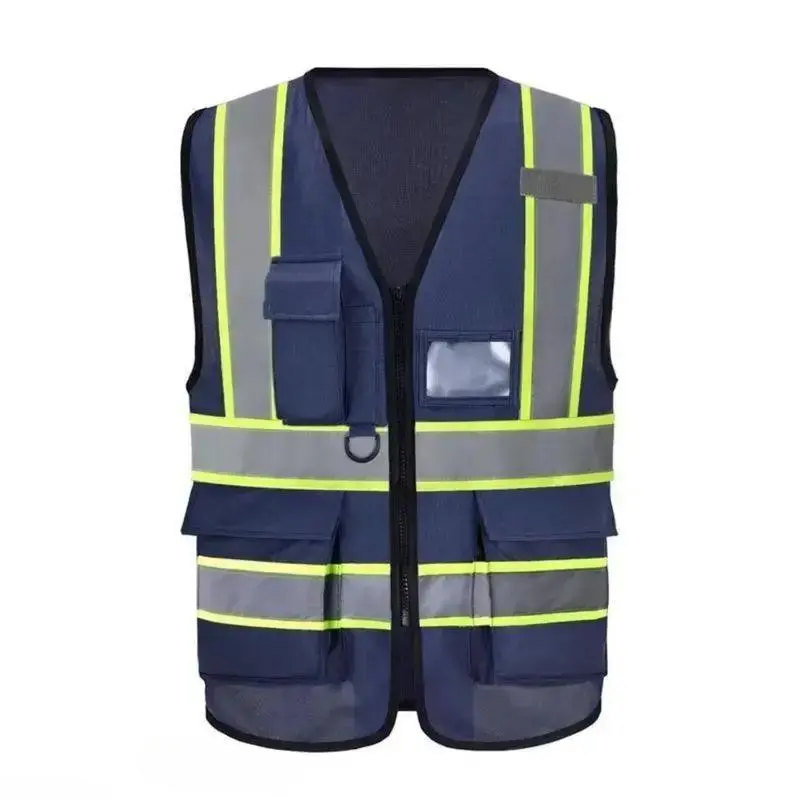 Navy Blue Hi Vis Jacket Vest - Unisex Breathable Polyester Safetyequipment, Reflective Adjustable Vest with Zipper, Multi Pockets, Bright Yellow Strips for Night Riding, Construction Work, Warehouse, Safety Vest