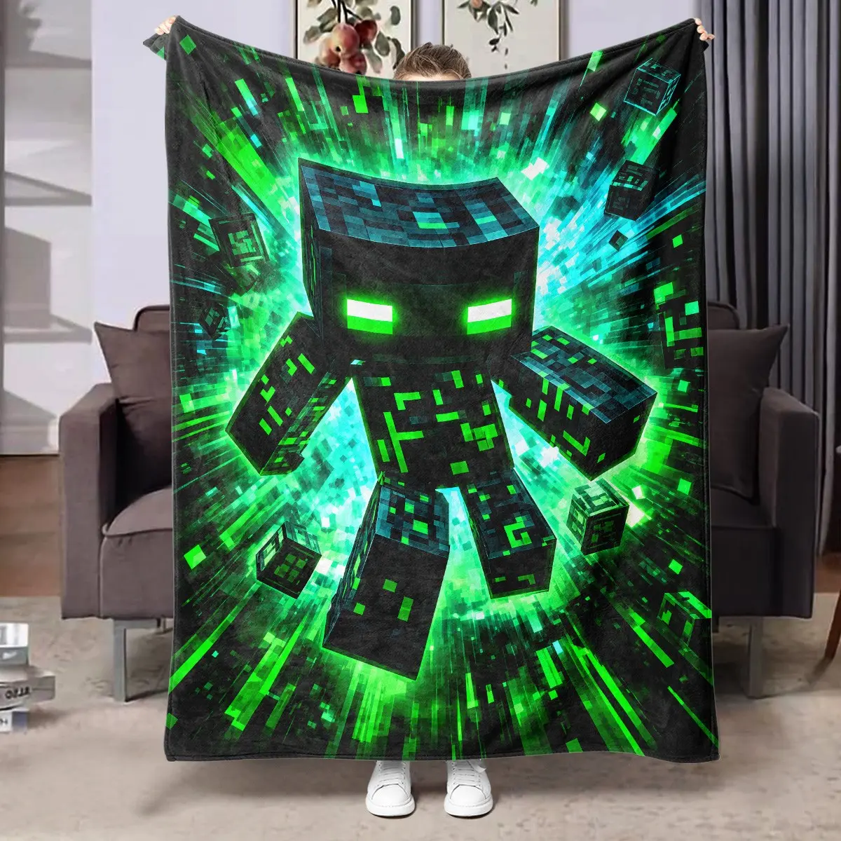 1pc Minecraft Glowing Pixel Zombie Fleece Blanket, Dark Green Luminous Block Creature, Radiant Cube Background Print. Soft Warm Multi-use Throw for Sofa, Bed, Office, Camping, Ideal Christmas Gift.