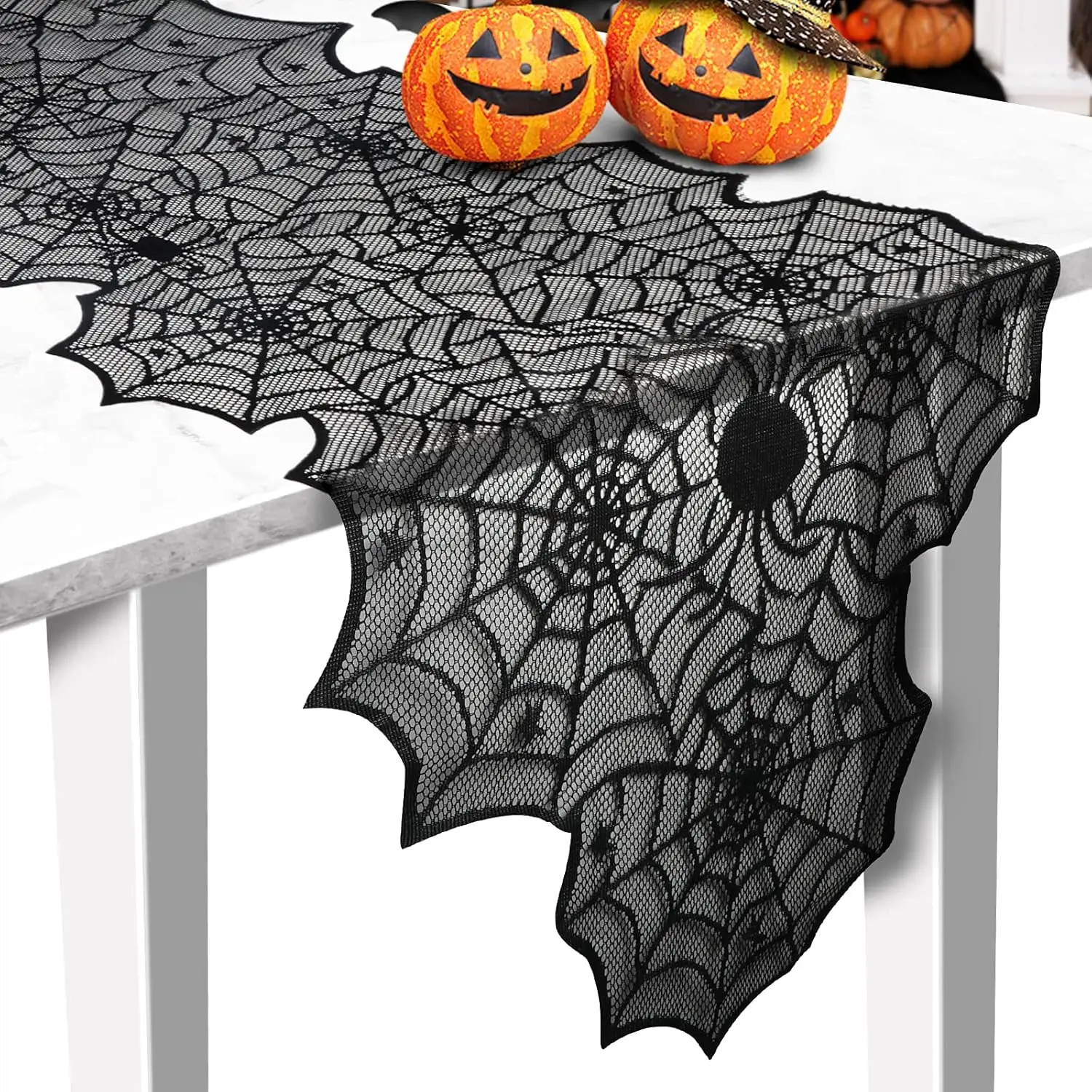 1pcs Black Lace Spider Web Table Runner 18x72 Inch, Seamless Creepy Design for Halloween Party Dinner Table, Spooky Home Decor & Gothic Indoor Supplies